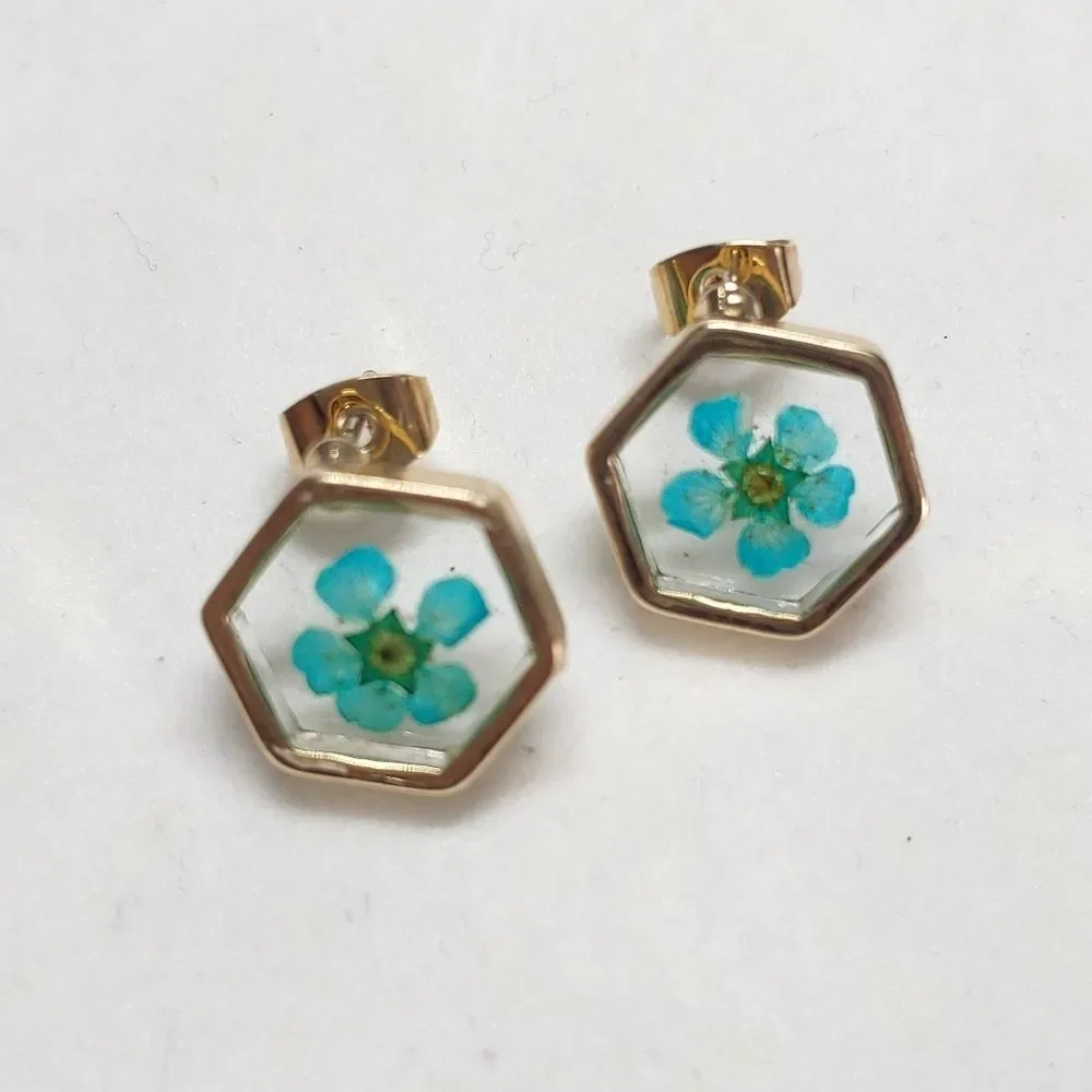Earrings Rose Gold Color Hexagon w/ Dried Teal Flo